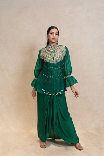 Emerald Green Draped Skirt with Embroidered Top