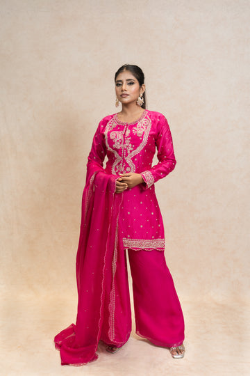 Fuchsia Pink Embroidered Kurta with Pants and Dupatta