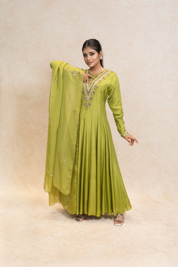 Lime Green Anarkali with Matching Dupatta