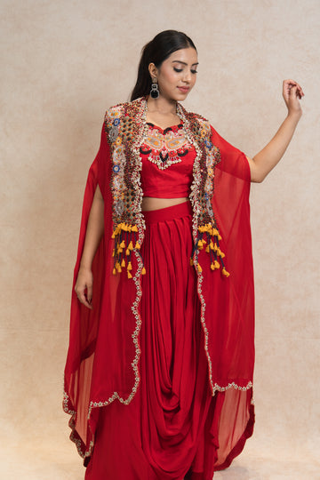 Regal Red Jacket Bustier Draped Skirt
