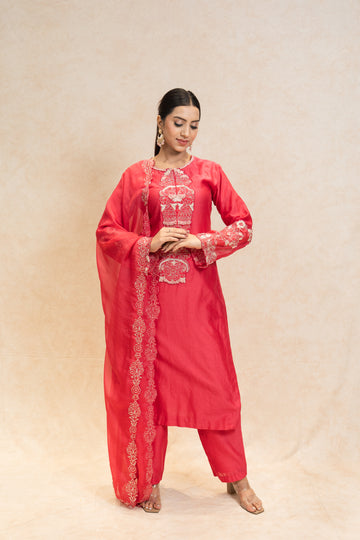Three piece Red embroidered suit