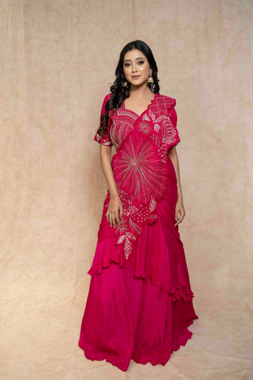 hot-pink-embellished-ruffle-saree-set-for-women