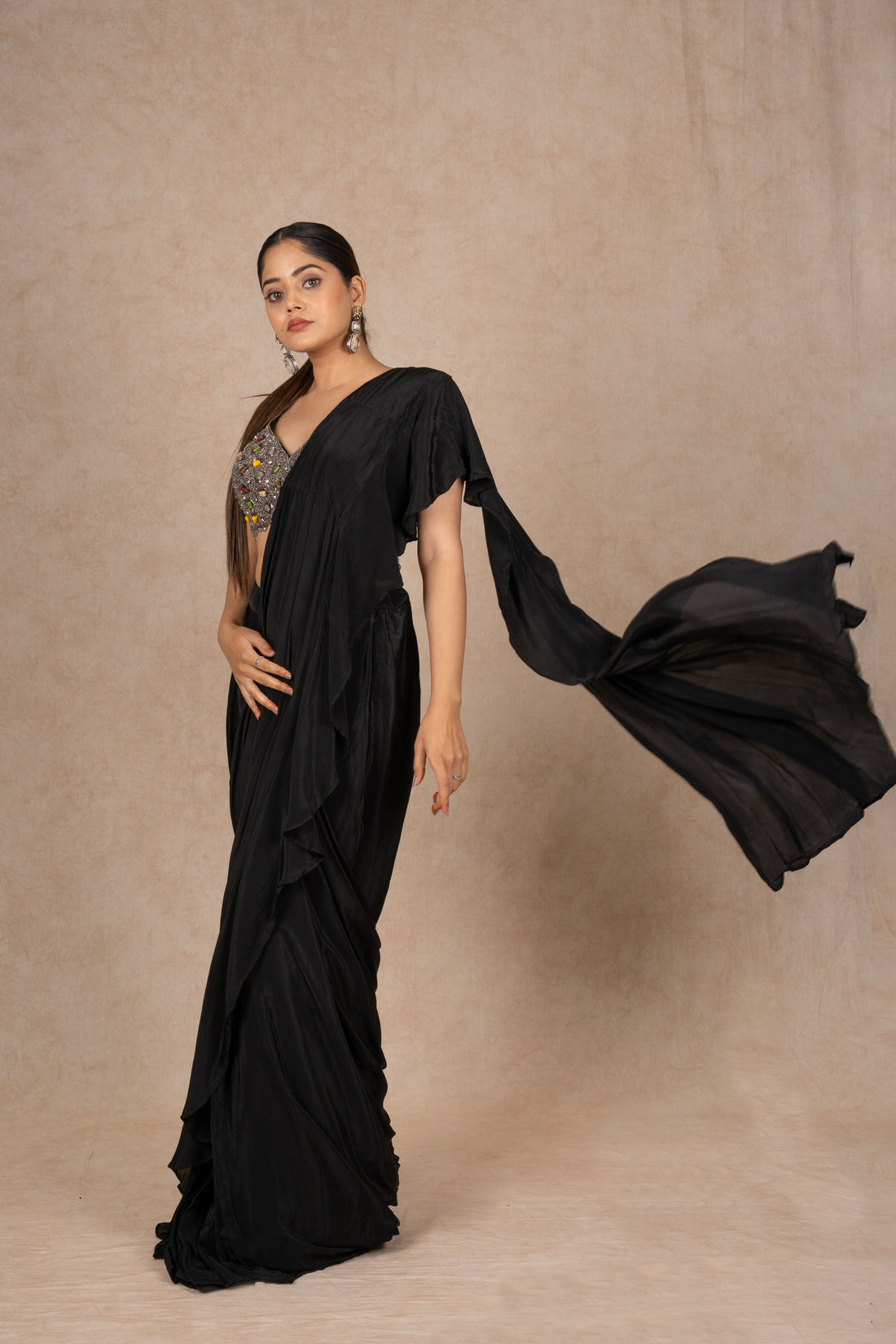 BLACK DRAPE SAREE WITH BEJEWELED BLOUSE