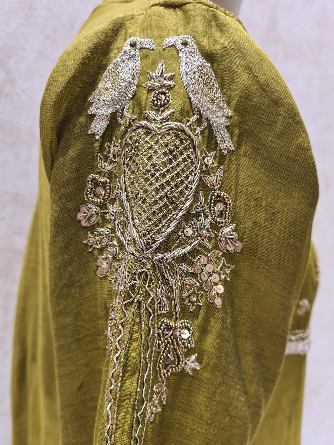 Mul Chanderi Olive Green Suit