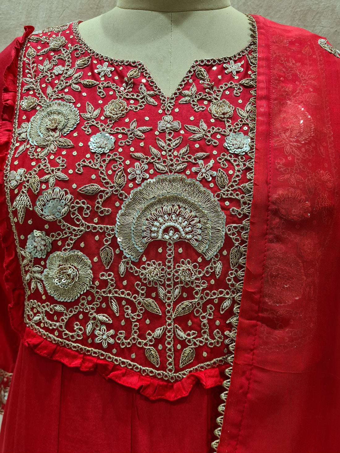 Mul Chanderi Red Suit