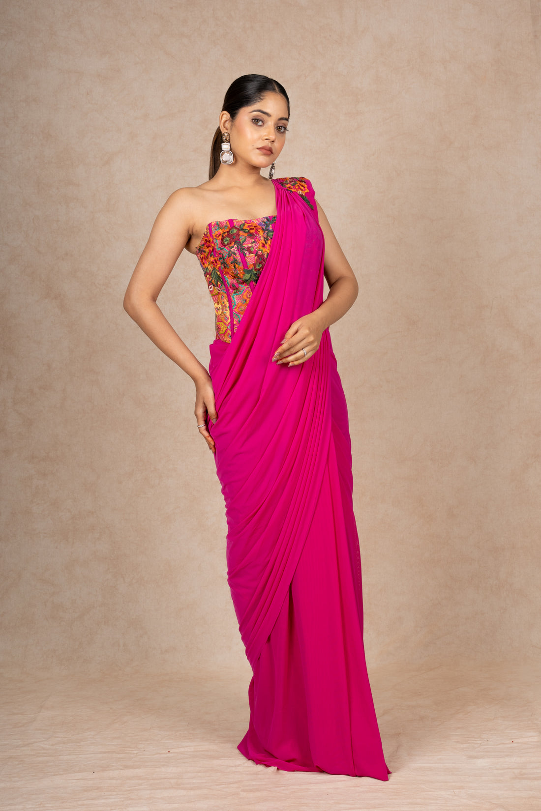 HOT PINK CORSET DRAPE SAREE