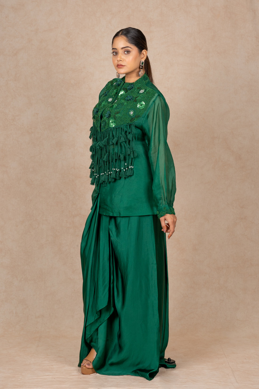 EMERALD GREEN INDOWESTERN WITH DRAPE SKIRT