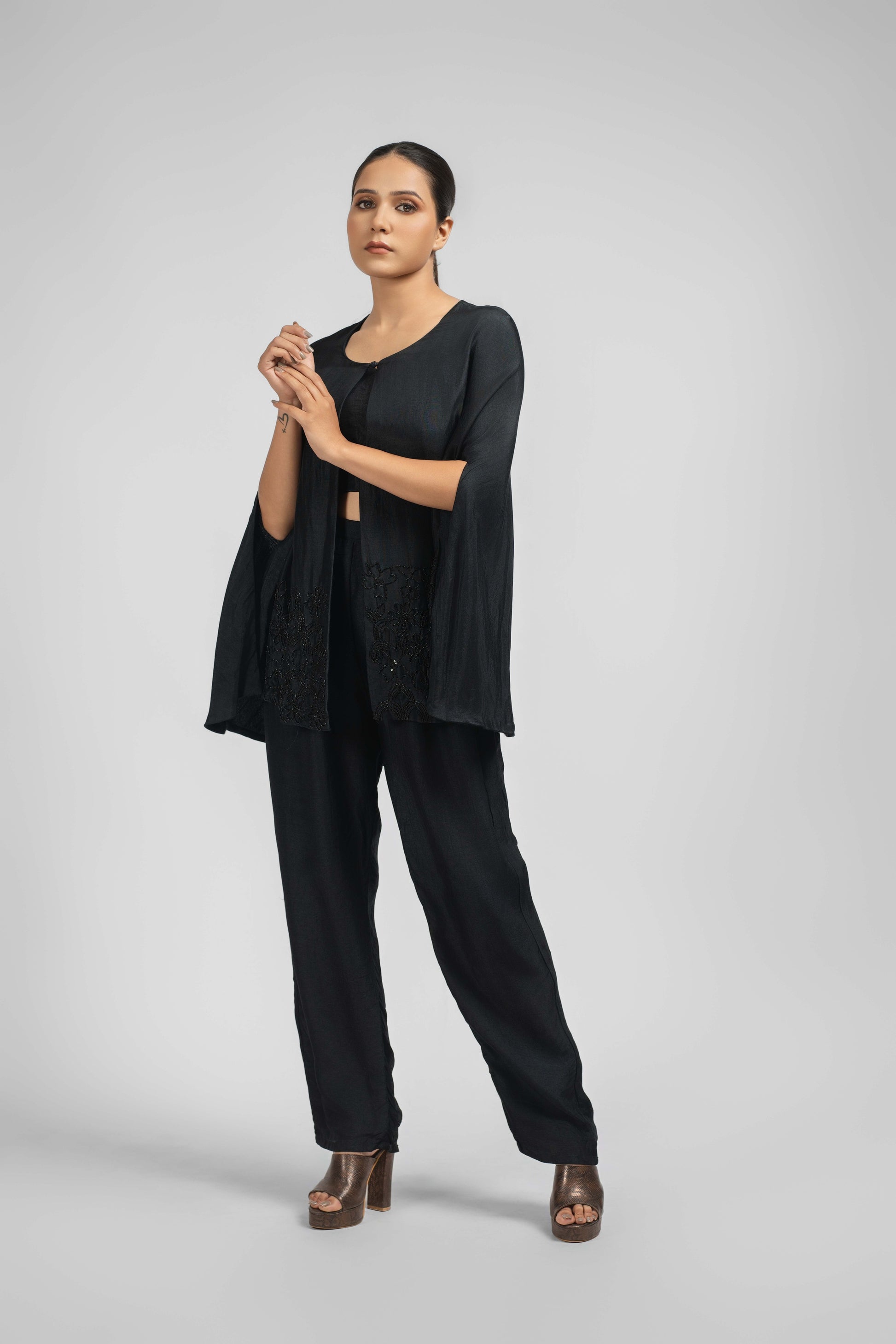 Elegant Black Silk Jacket Set Indo-Western Style