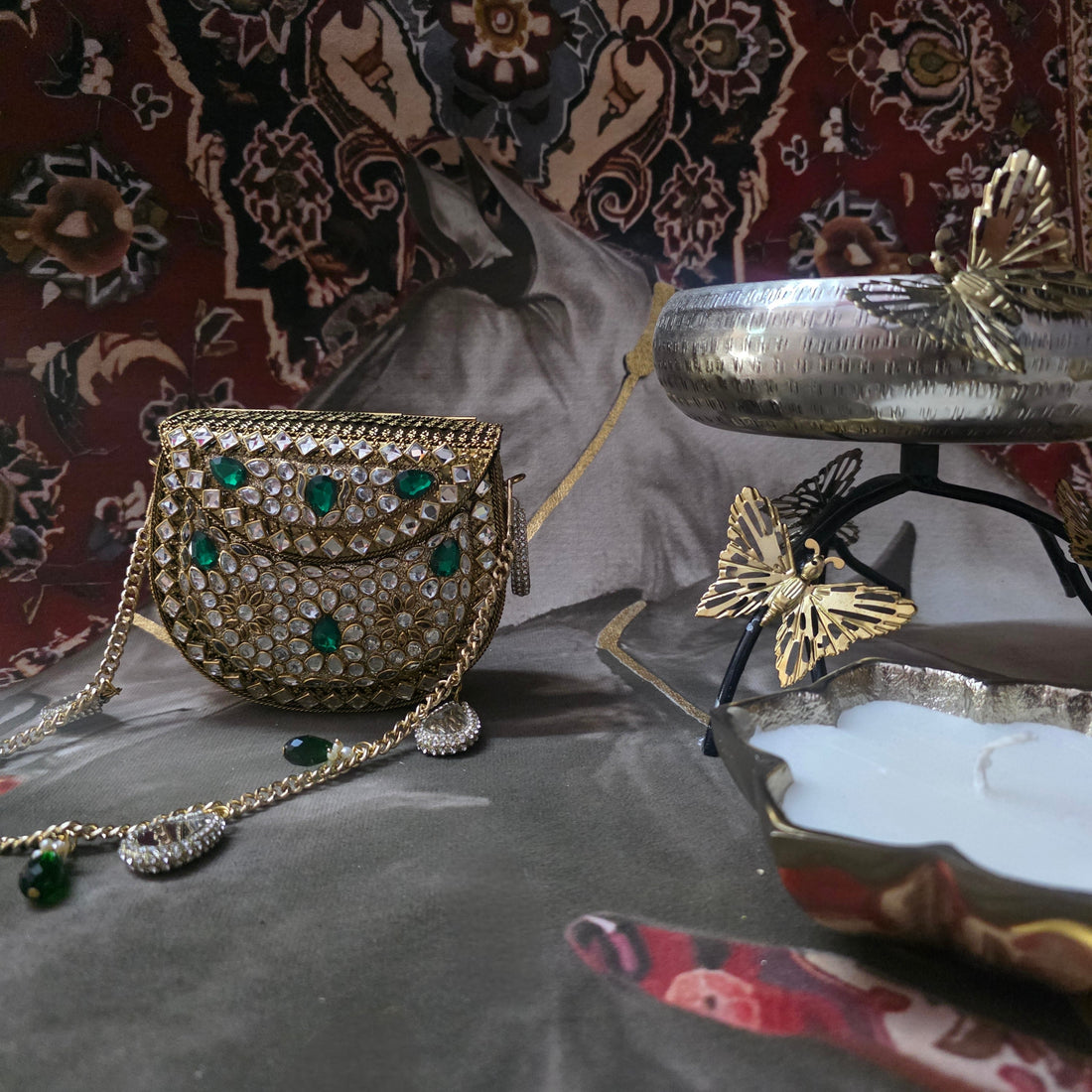 Mini Kundan Mirror Bag - Emerald Green
