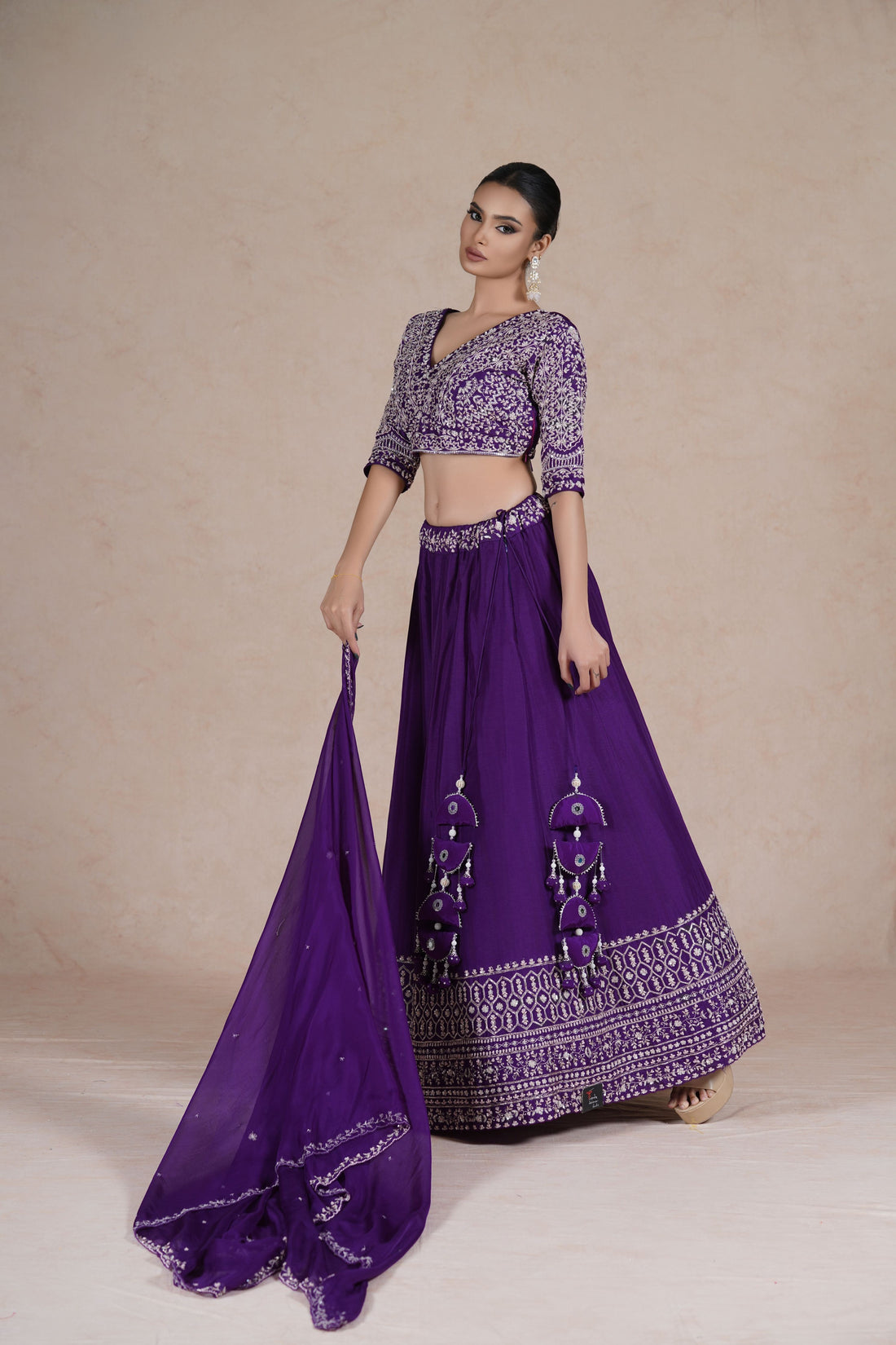 Purple embroidered lehenga choli set with intricate sequin, pearl, kasab, zardozi, and pitai work, paired with an organza dupatta – perfect for festive and wedding occasions.