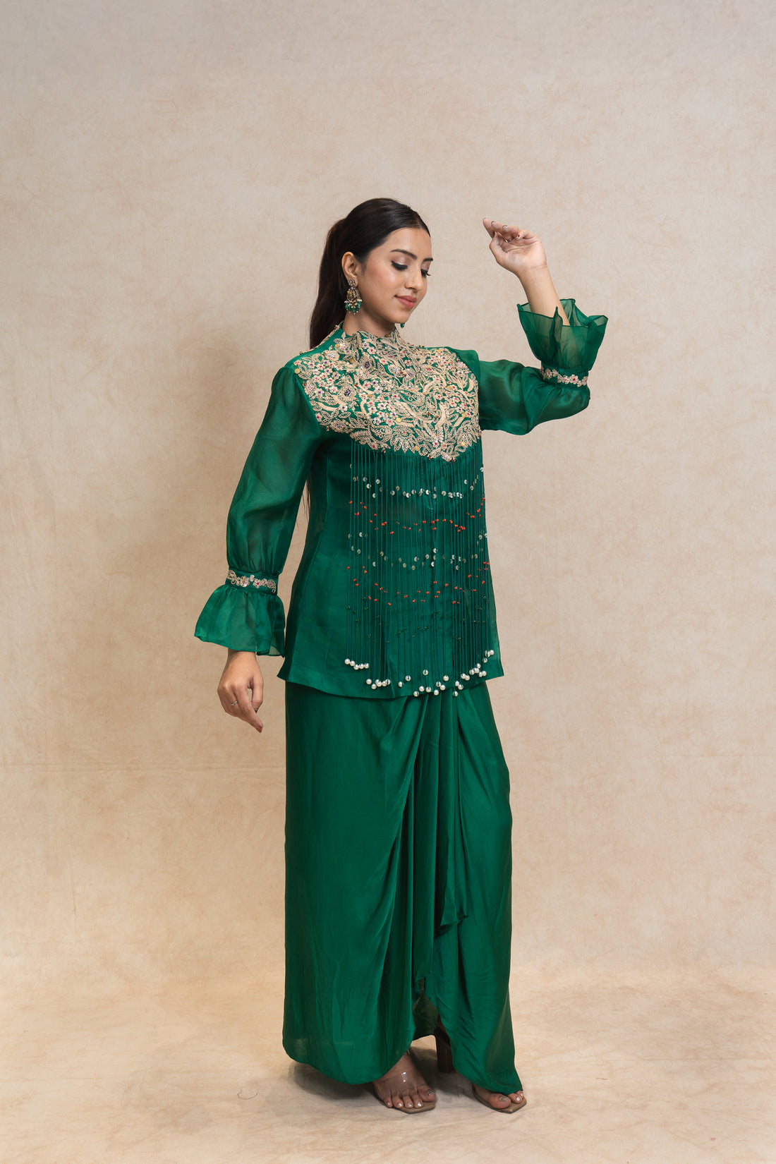 Emerald Green Draped Skirt with Embroidered Top