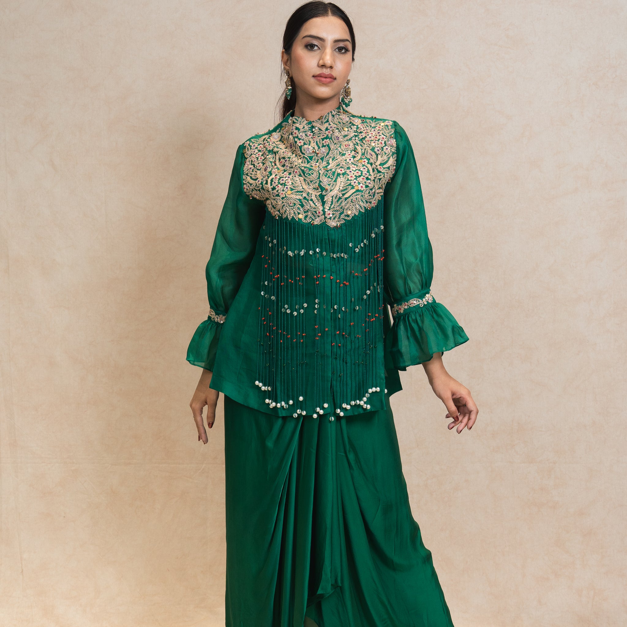 Emerald Green Draped Skirt with Embroidered Top