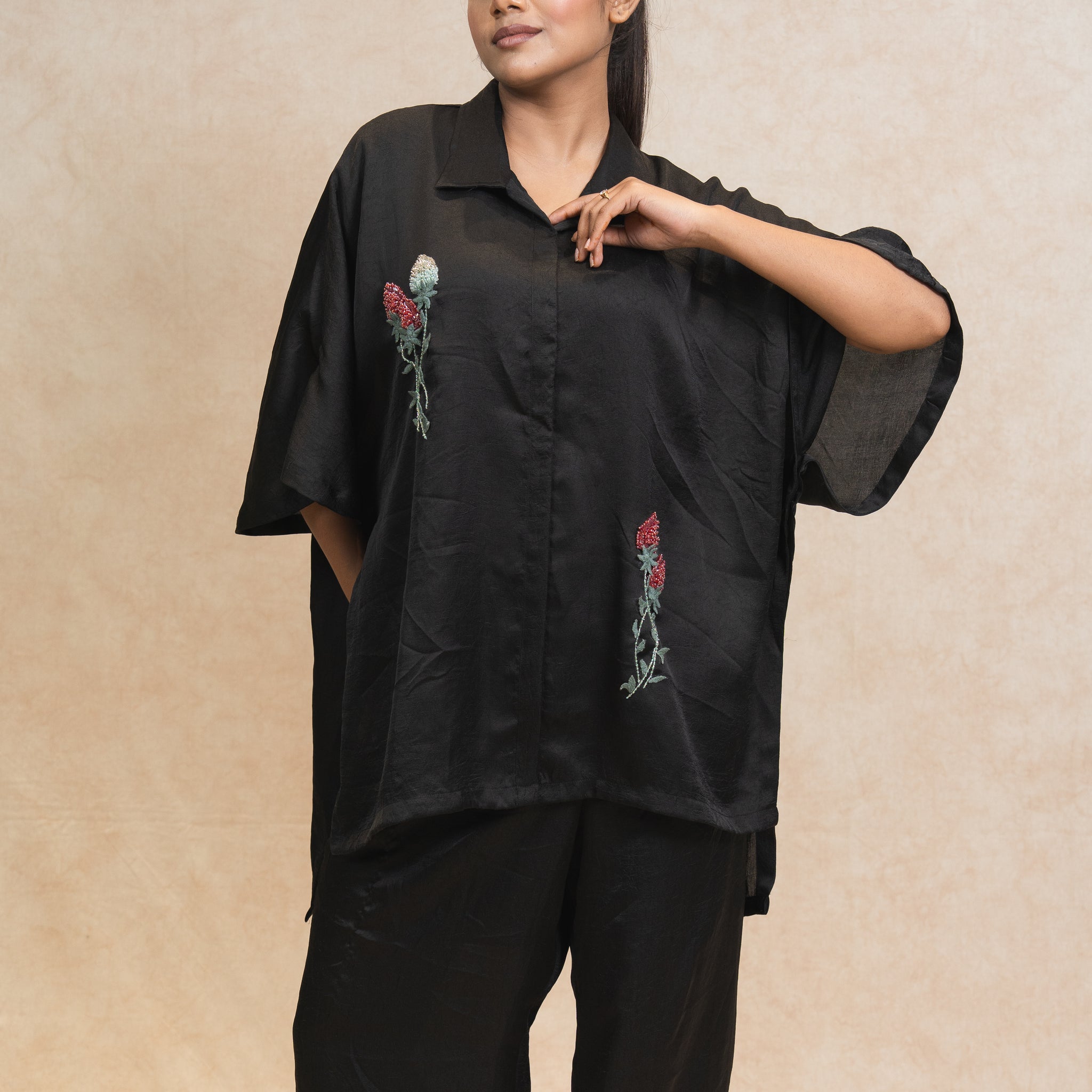 Black Oversized Embroidered Shirt with Wide-Leg Bottom