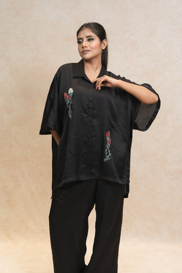 Black Oversized Embroidered Shirt with Wide-Leg Bottom