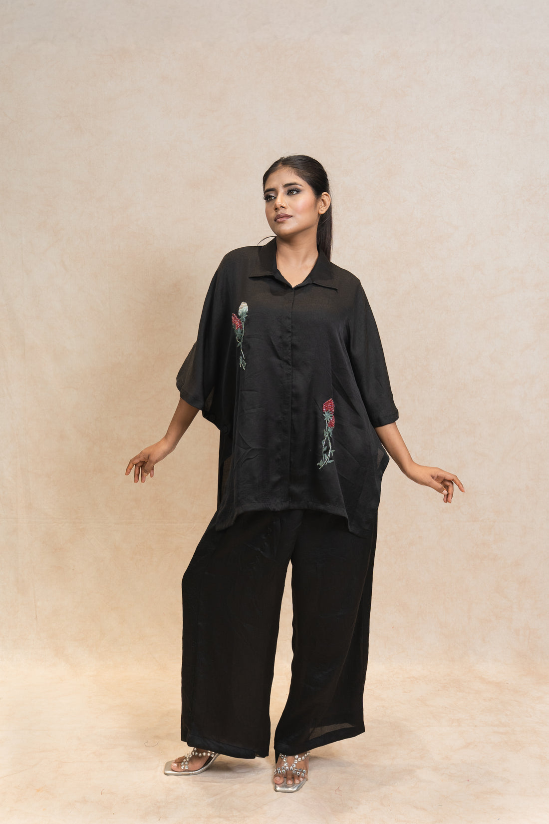 Black Oversized Embroidered Shirt with Wide-Leg Bottom