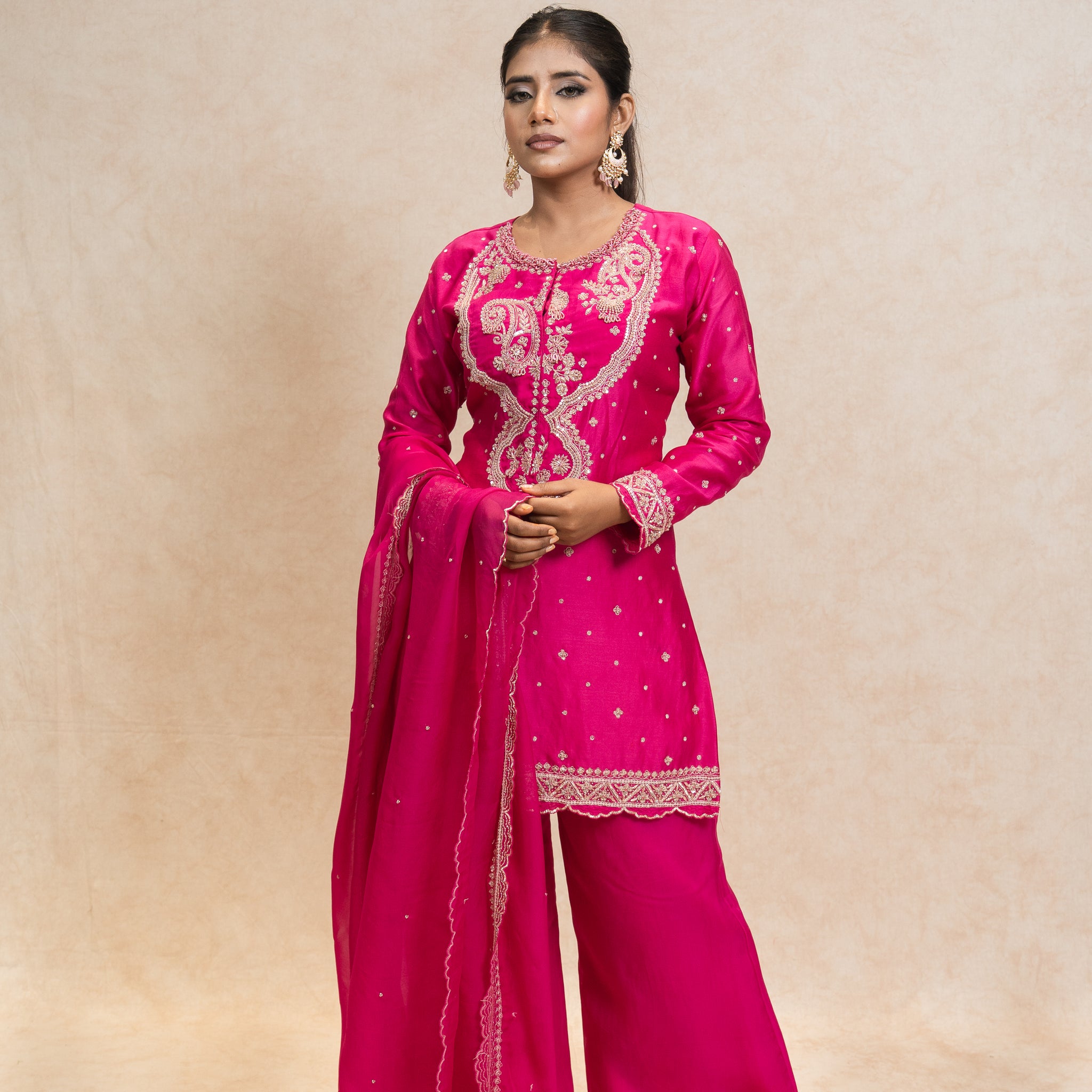 Fuchsia Pink Embroidered Kurta with Pants and Dupatta