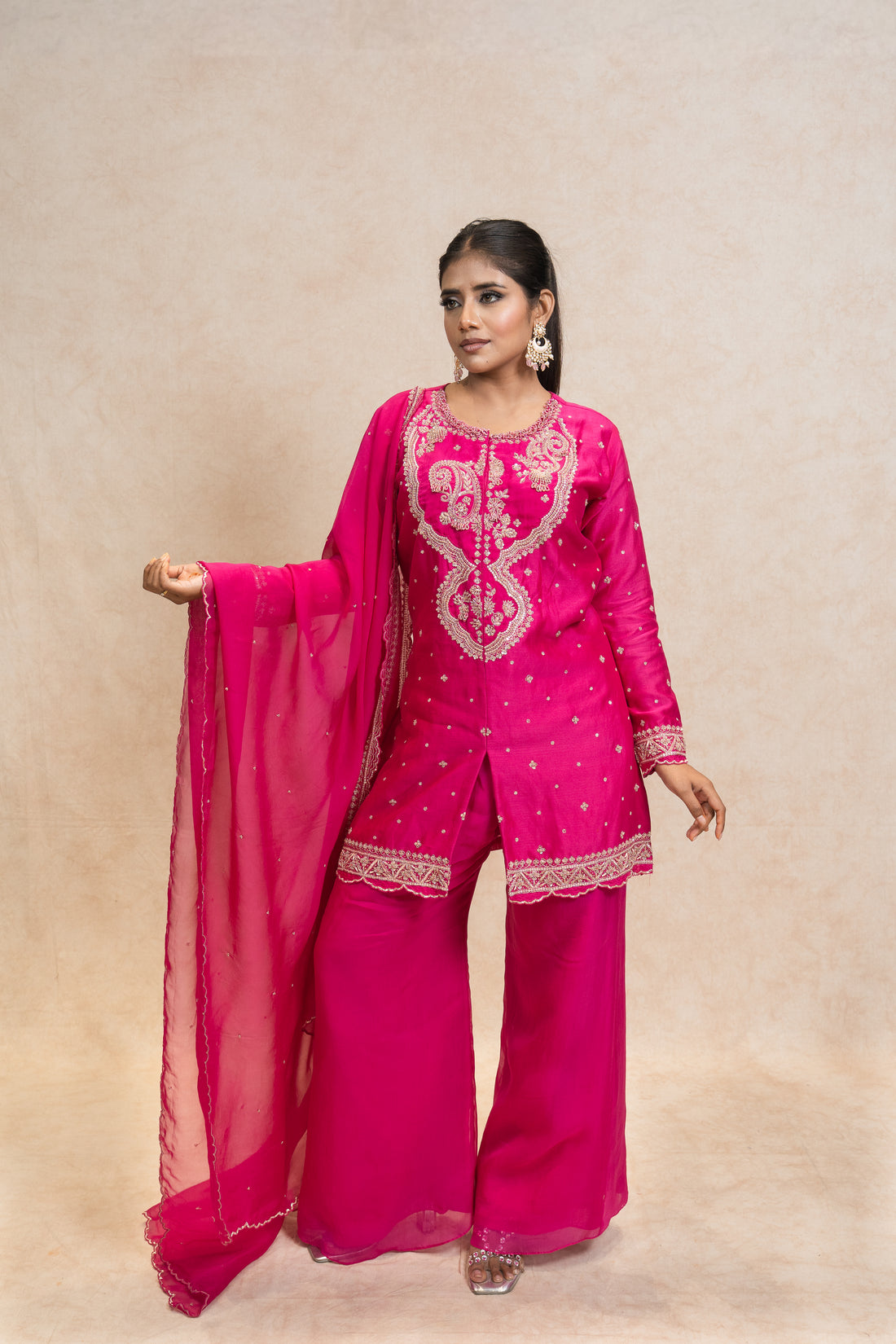 Fuchsia Pink Embroidered Kurta with Pants and Dupatta