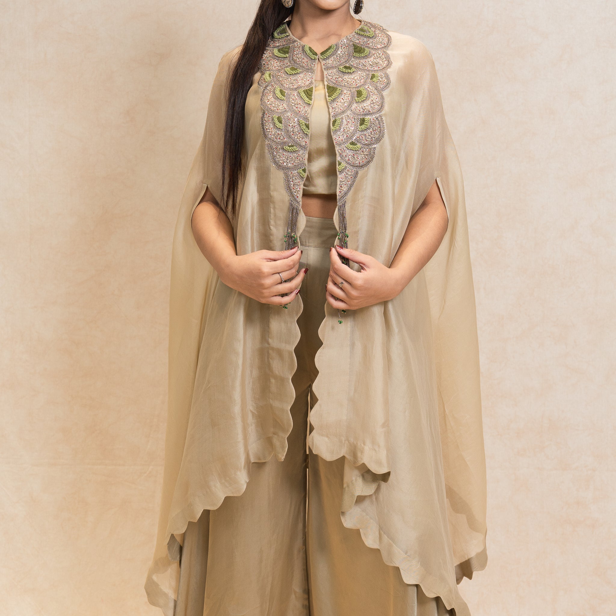 Golden Beige Palazzo Set with Cape