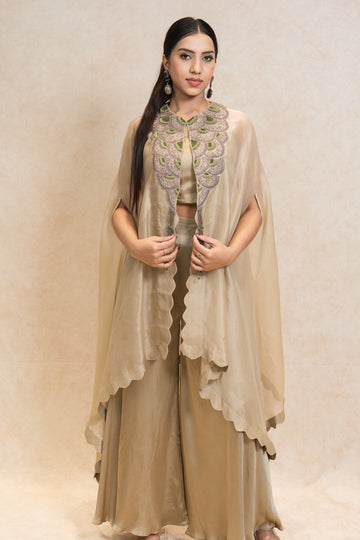 Golden Beige Palazzo Set with Cape