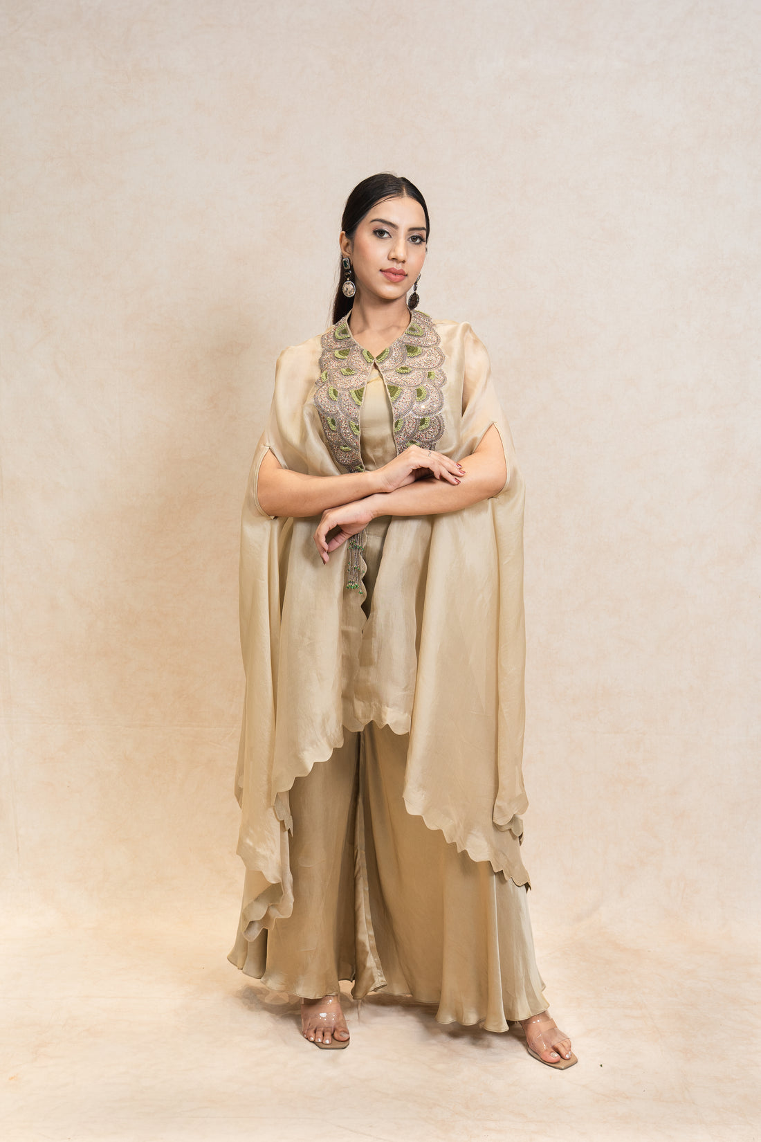 Golden Beige Palazzo Set with Cape