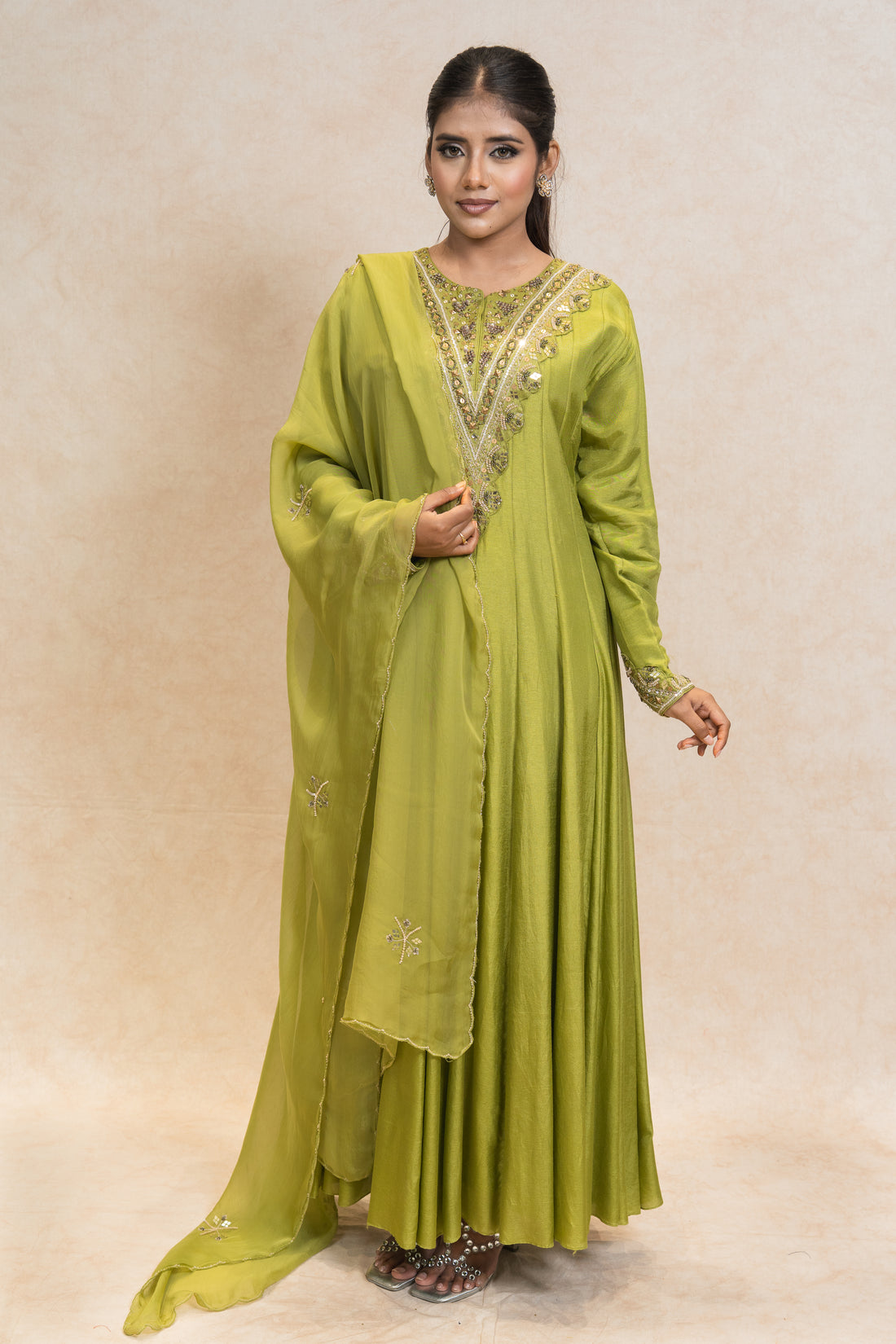 Lime Green Anarkali with Matching Dupatta