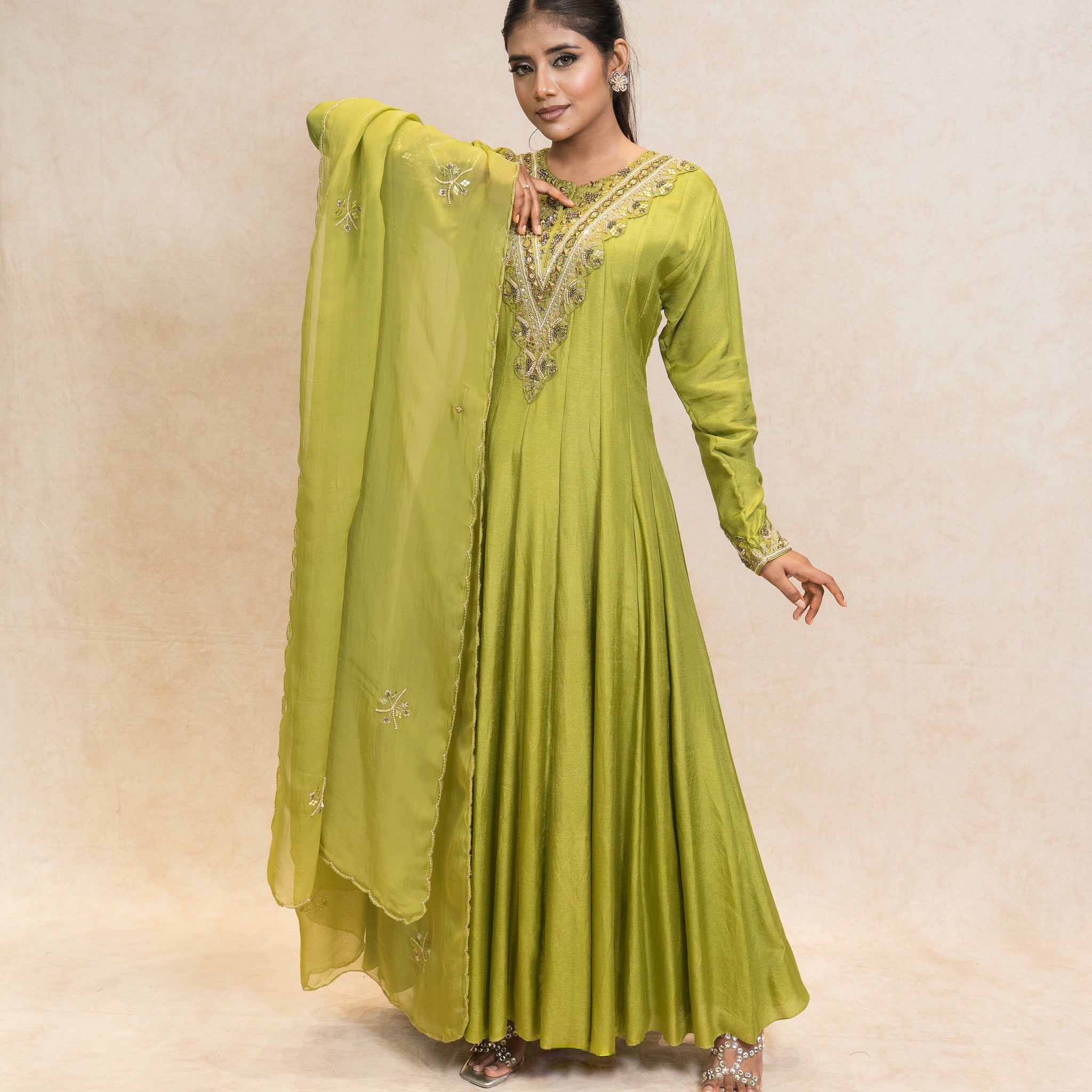 Lime Green Anarkali with Matching Dupatta