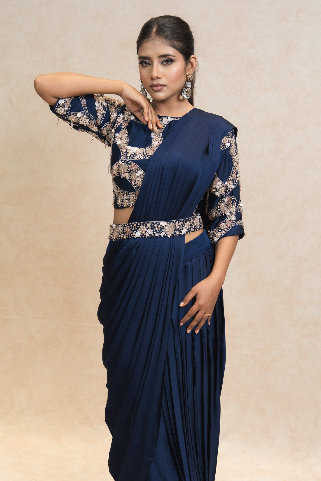 Elegant Navy Saree with Embroidered Blouse