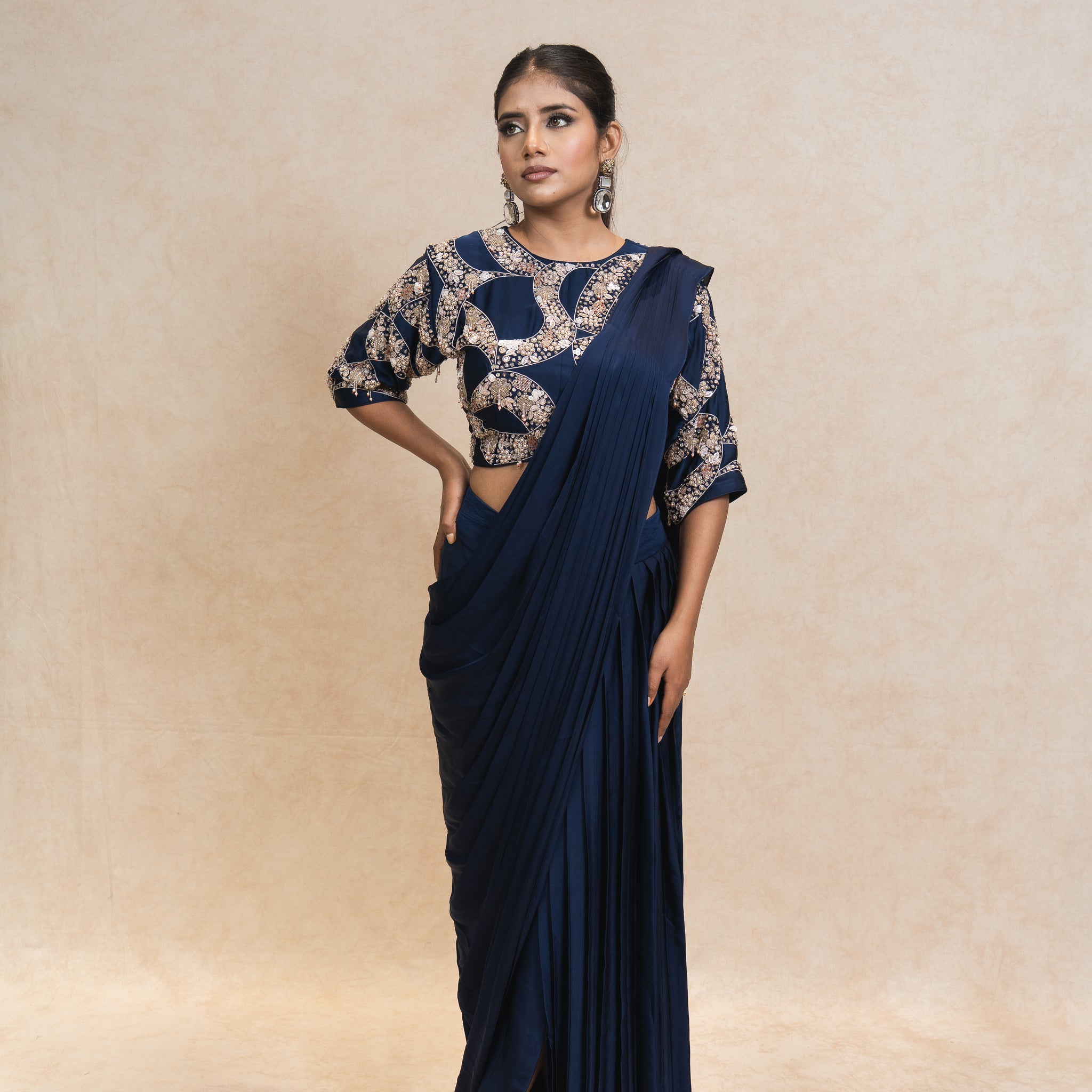 Elegant Navy Saree with Embroidered Blouse