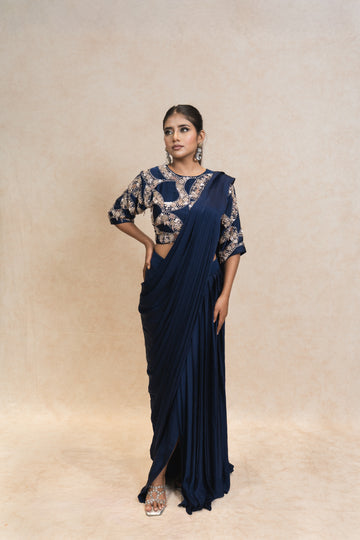 Elegant Navy Saree with Embroidered Blouse