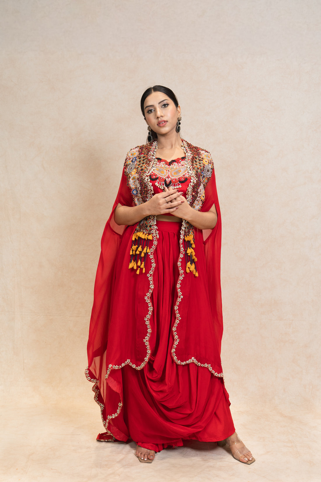 Regal Red Jacket Bustier Draped Skirt