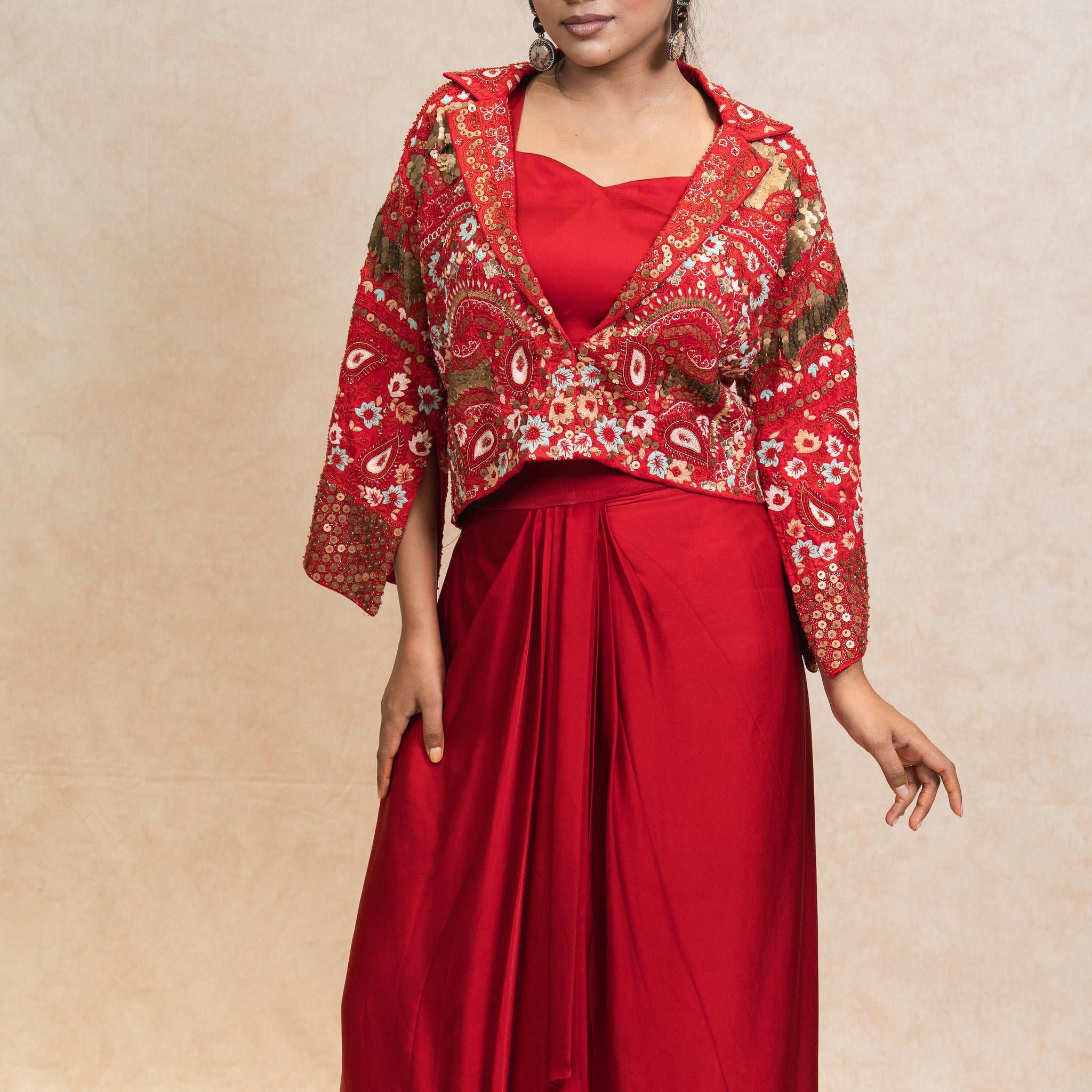 Vibrant Red Jacket Skirt Bustier Set