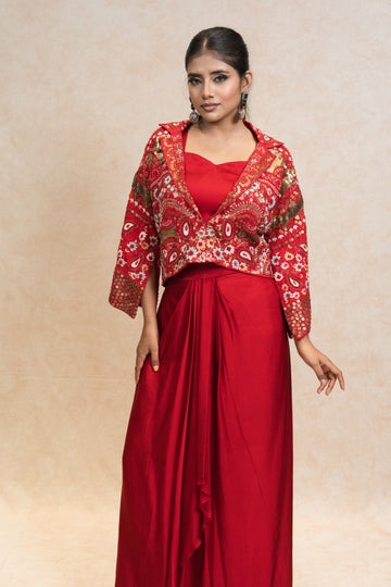 Vibrant Red Jacket Skirt Bustier Set
