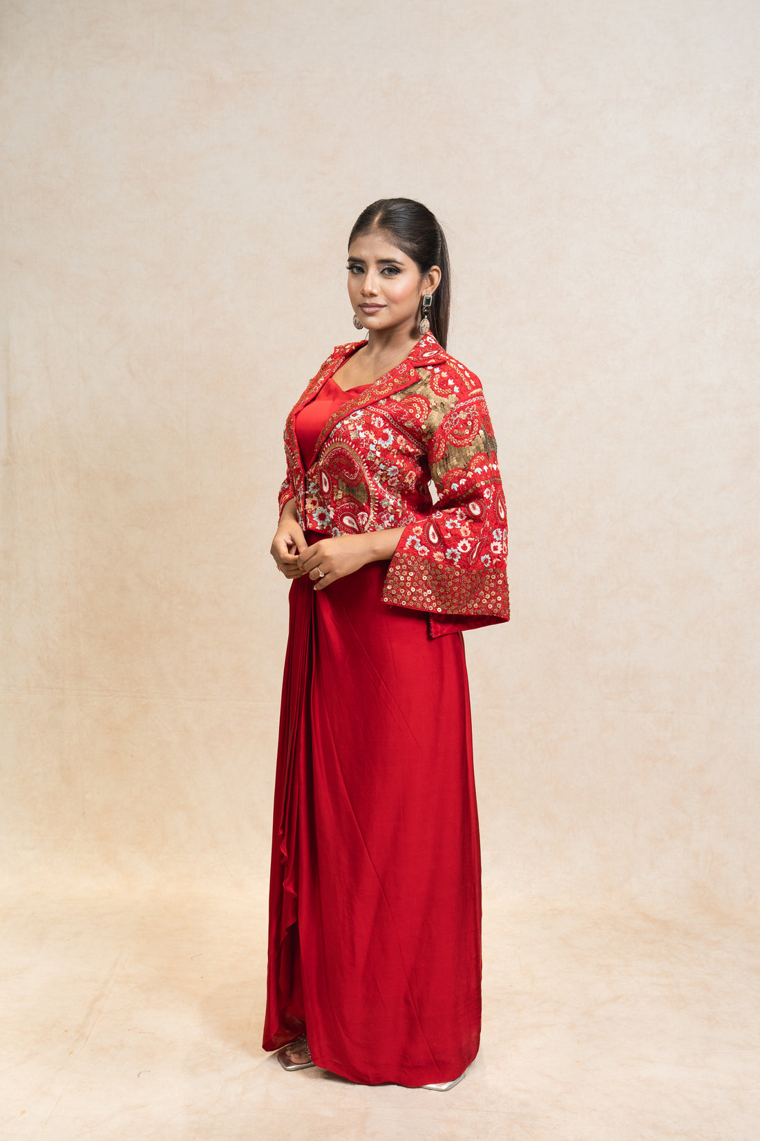 Vibrant Red Jacket Skirt Bustier Set