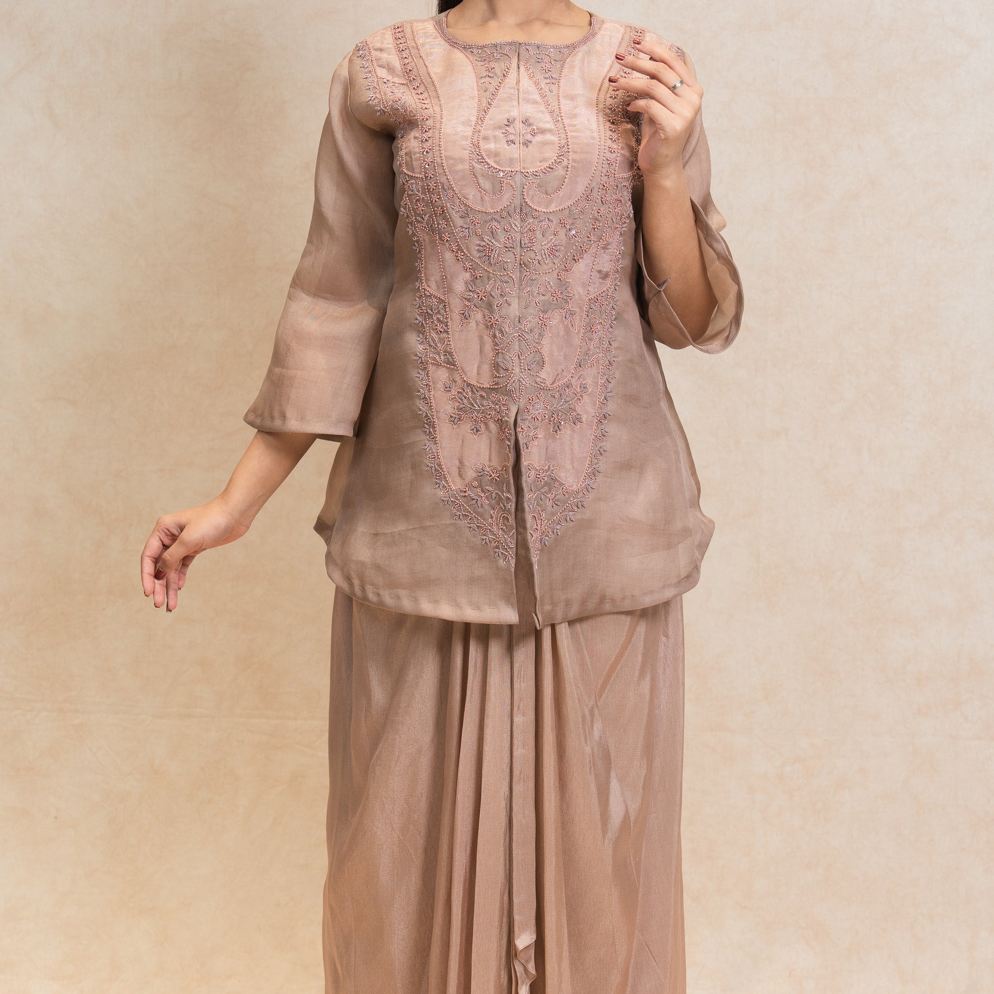 Soft Lustrous Fabric Three-Piece Ethnic Ensemble