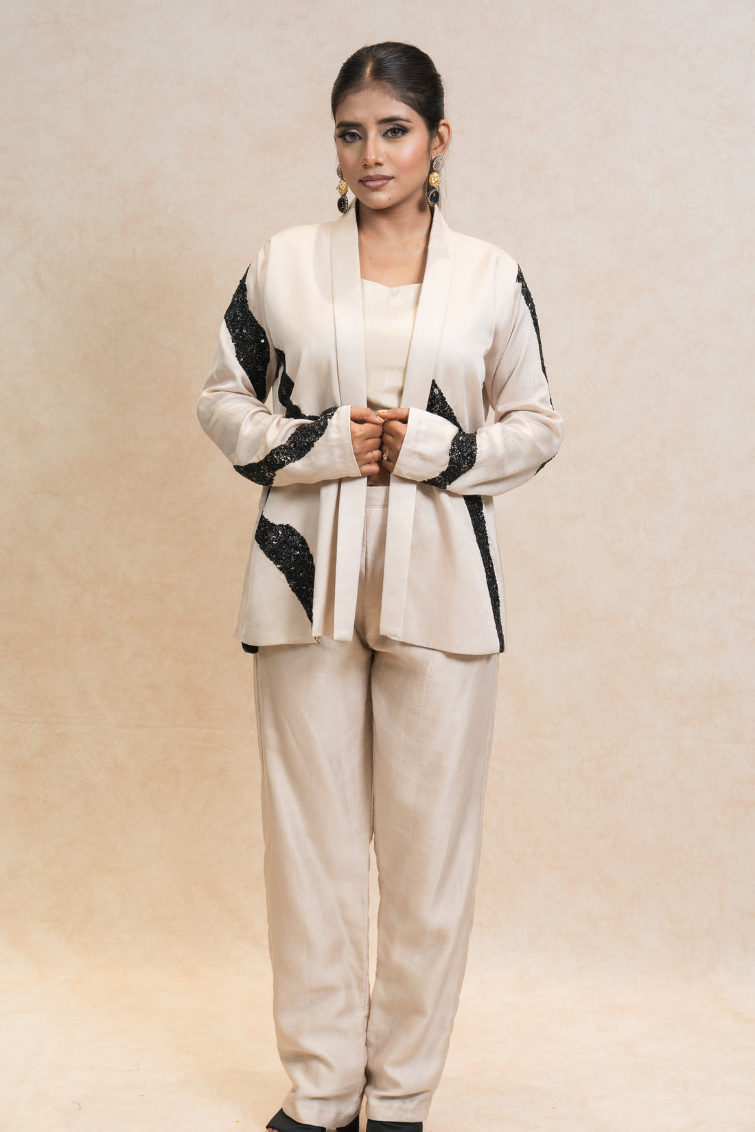Beige Longline Jacket Trousers Three-Piece Set