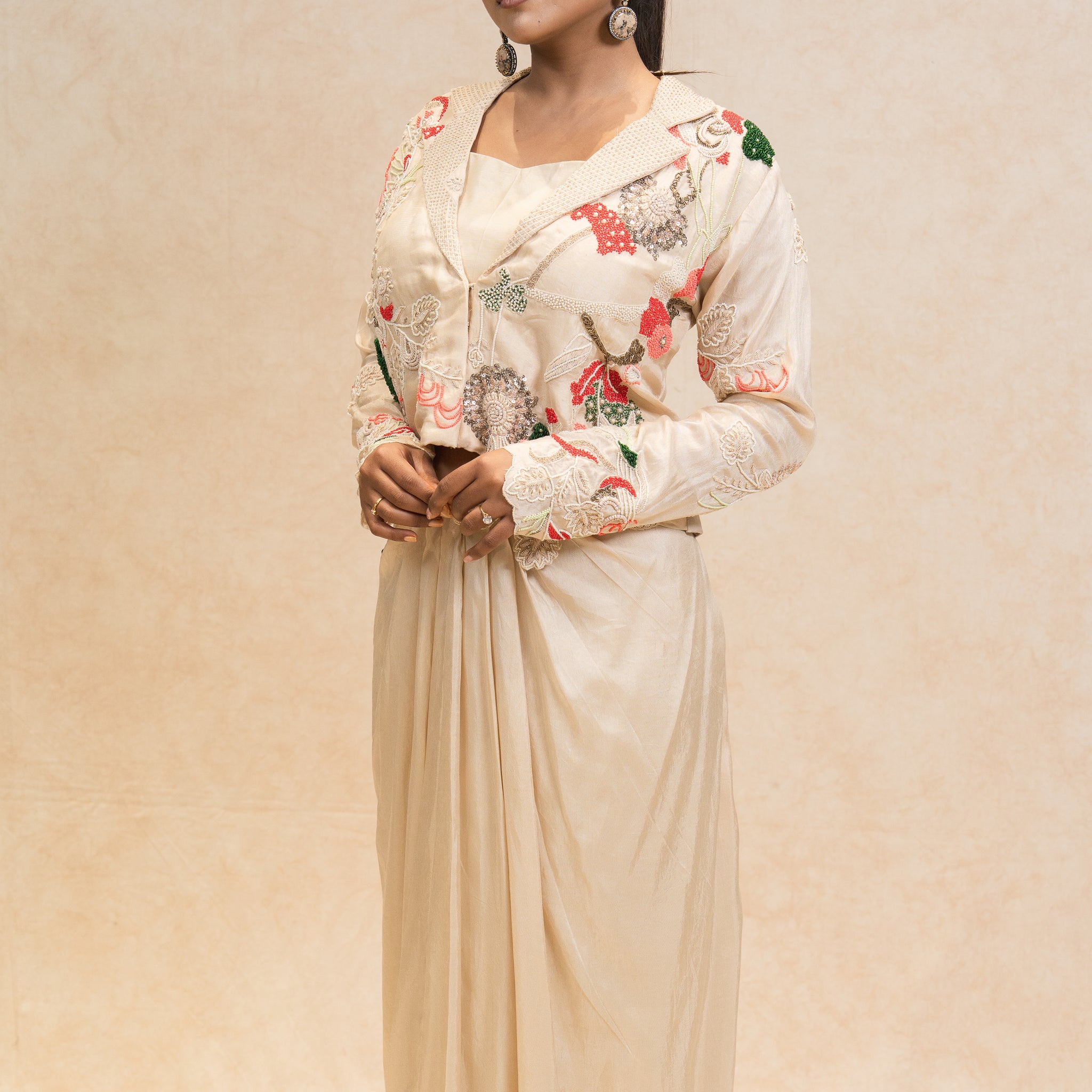 Beige Hand-Embroidered Jacket Draped Skirt Set