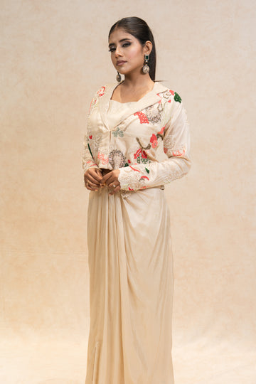 Beige Hand-Embroidered Jacket Draped Skirt Set