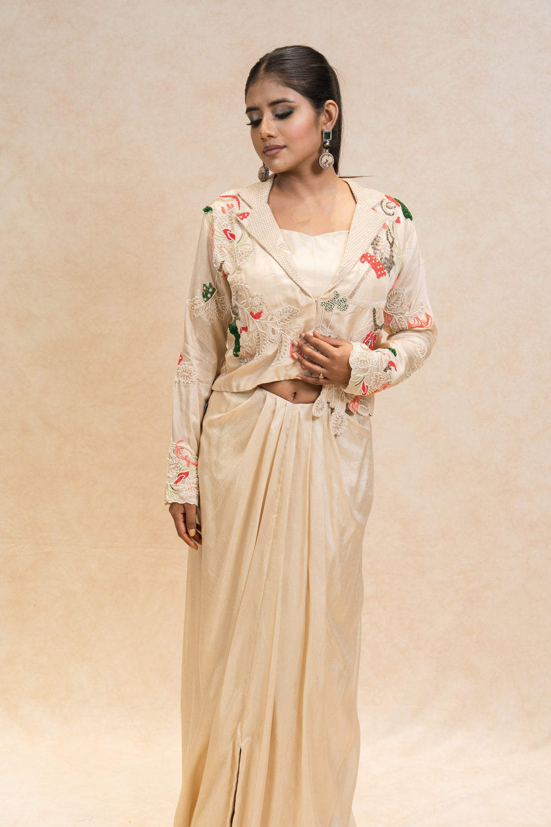 Beige Hand-Embroidered Jacket Draped Skirt Set