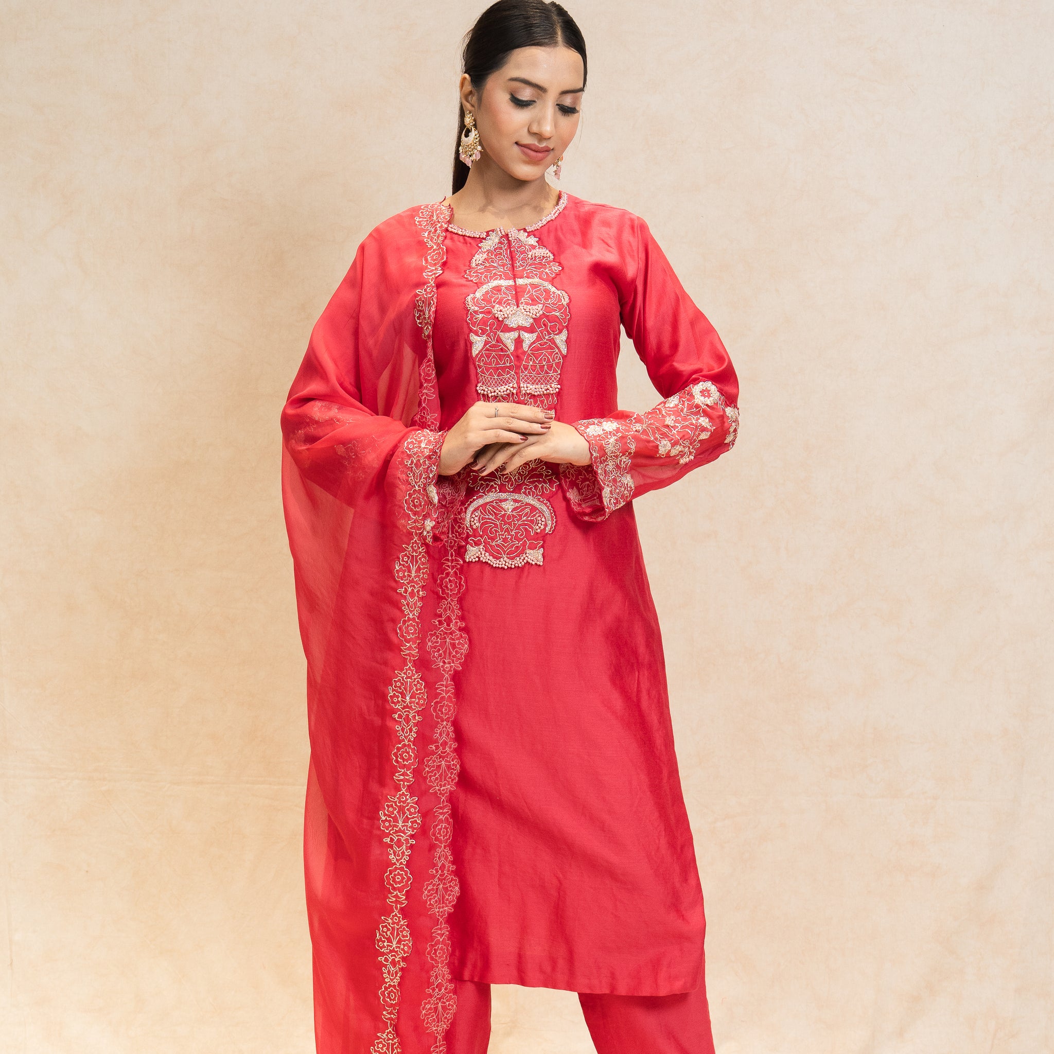 Three piece Red embroidered suit