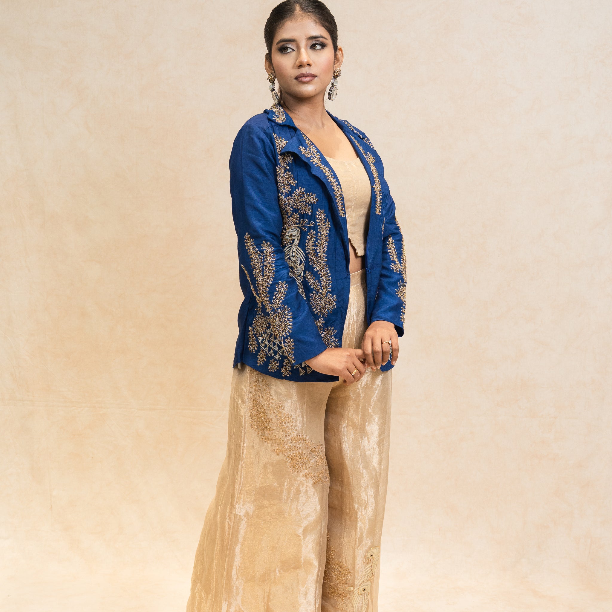 Royal blue and golden Embroidered three piece Indowestern