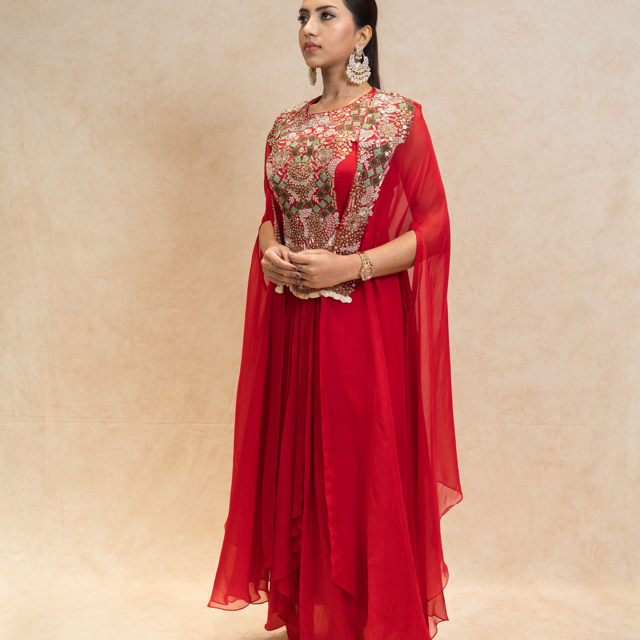 Red Royale Draped Skirt Cape Set