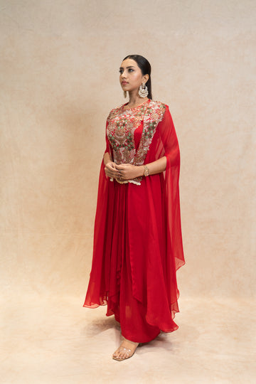 Red Royale Draped Skirt Cape Set