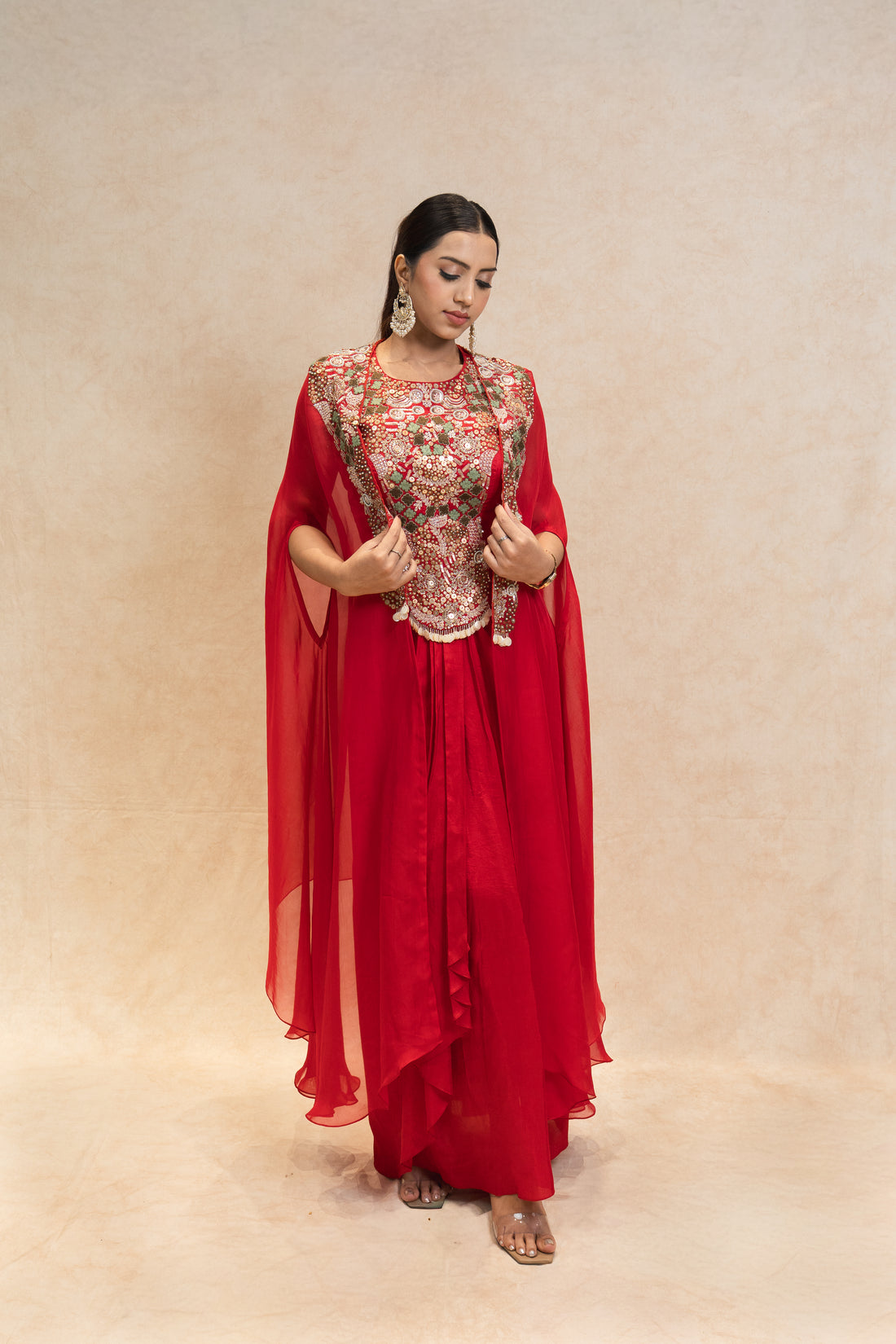 Red Royale Draped Skirt Cape Set