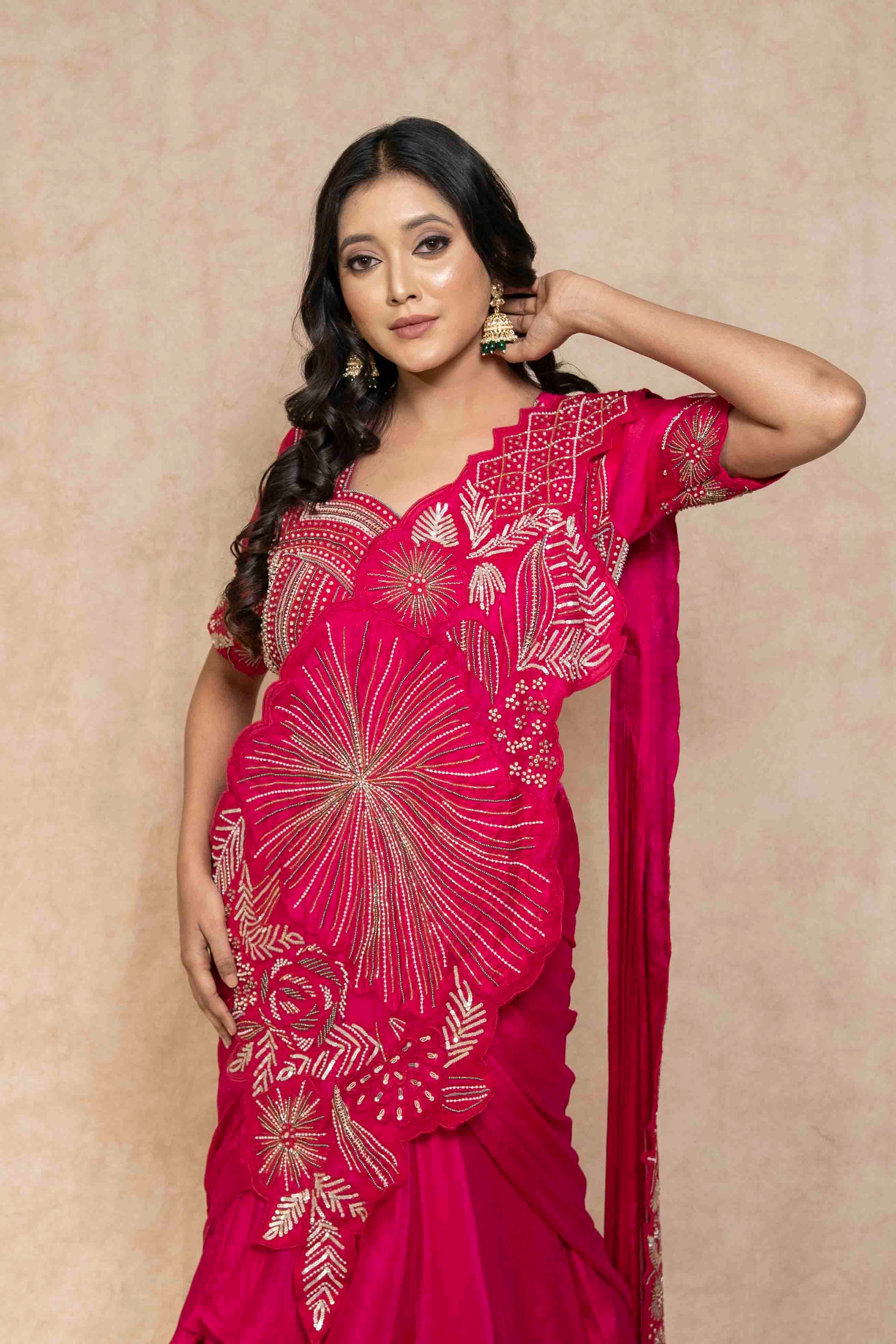closeup-view-hot-pink-embellished-ruffle-saree-set-for-women