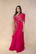 full-side-view-hot-pink-embellished-ruffle-saree-set-for-women