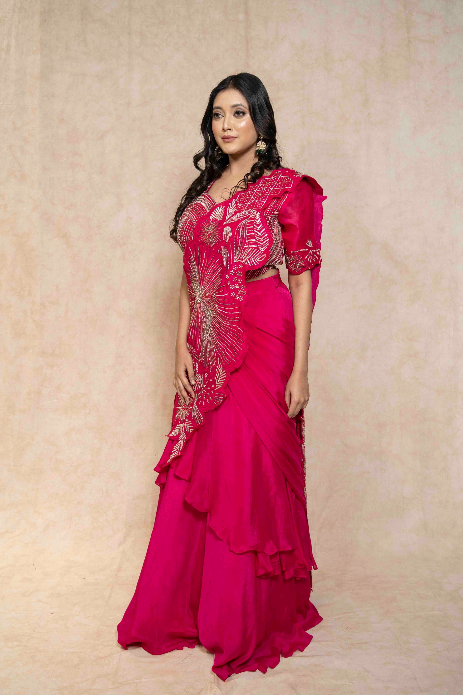 full-side-view-hot-pink-embellished-ruffle-saree-set-for-women