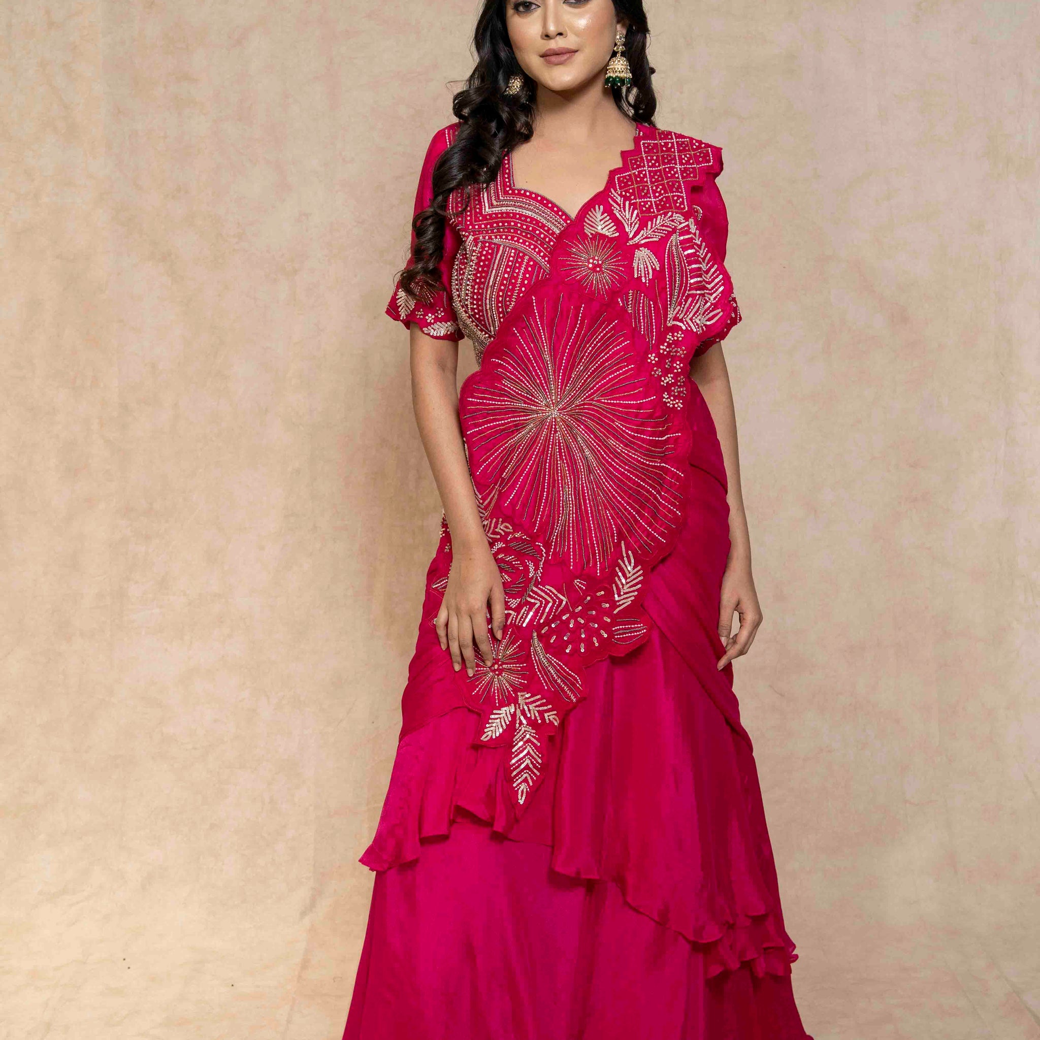 hot-pink-embellished-ruffle-saree-set-for-women