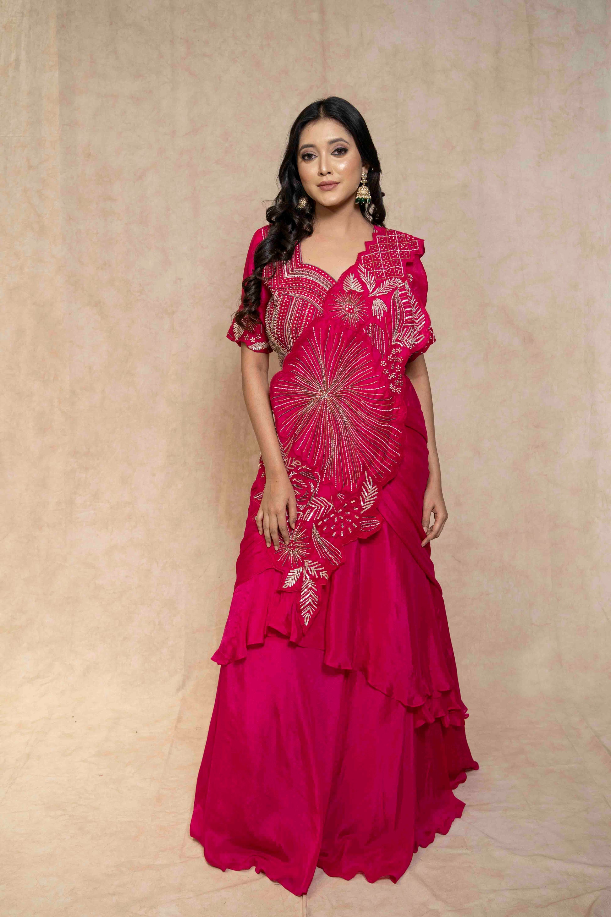 hot-pink-embellished-ruffle-saree-set-for-women