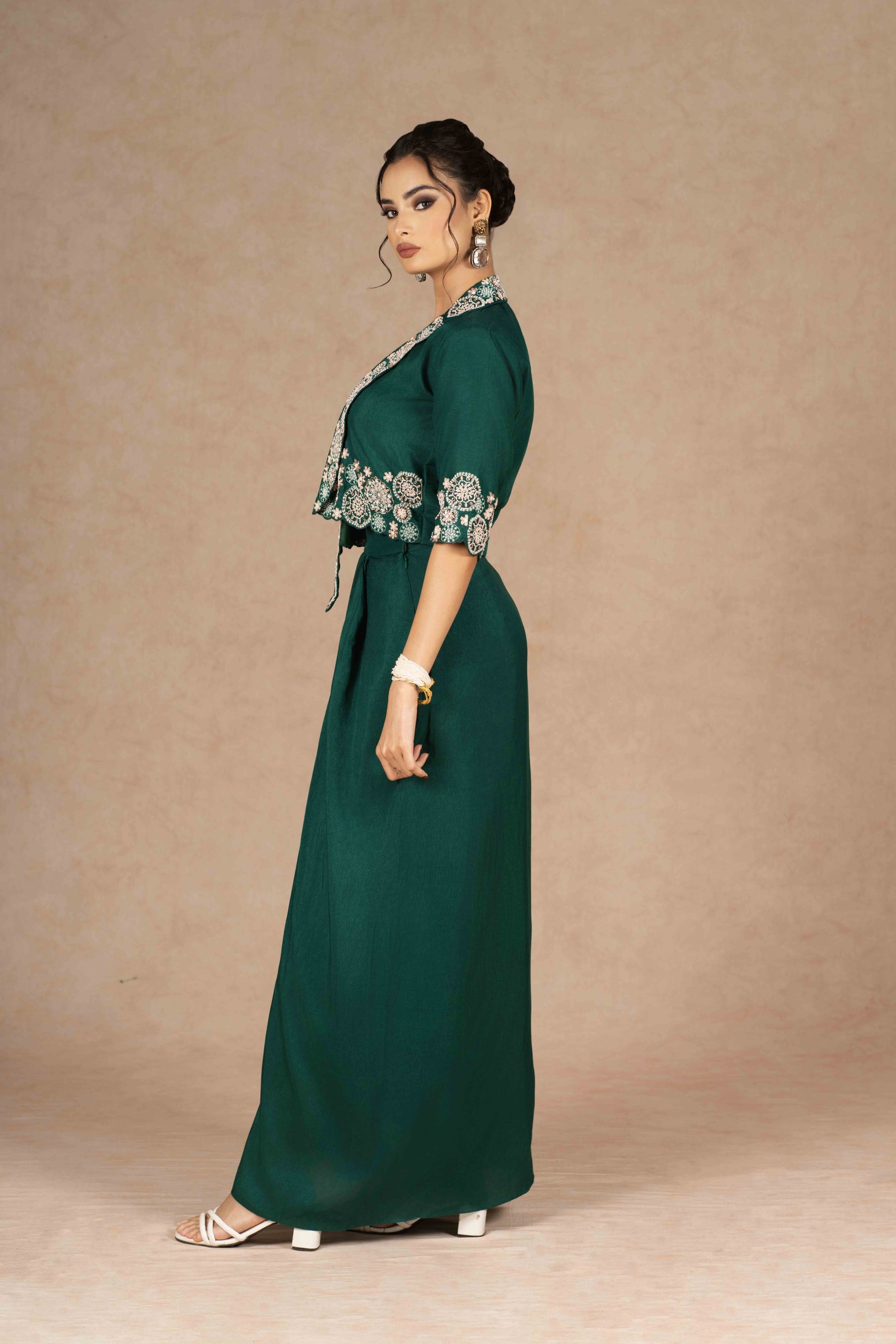 Emerald Green Indo-Western Jacket Dress with Drape Skirt Emerald Green Indo-Western Jacket Dress with Drape Skirt