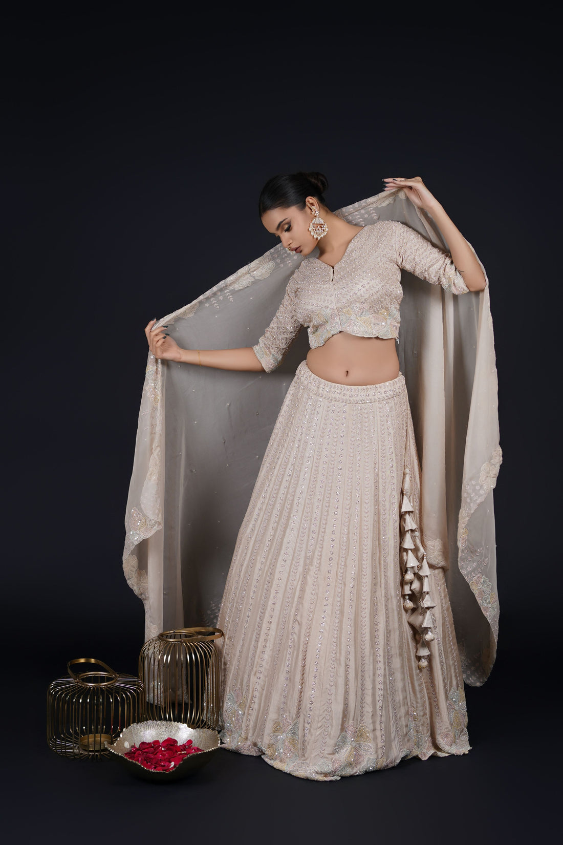 Ivory Lehenga Set with Organza Dupatta - Intricately Embellished Bridal and Festive Wear.